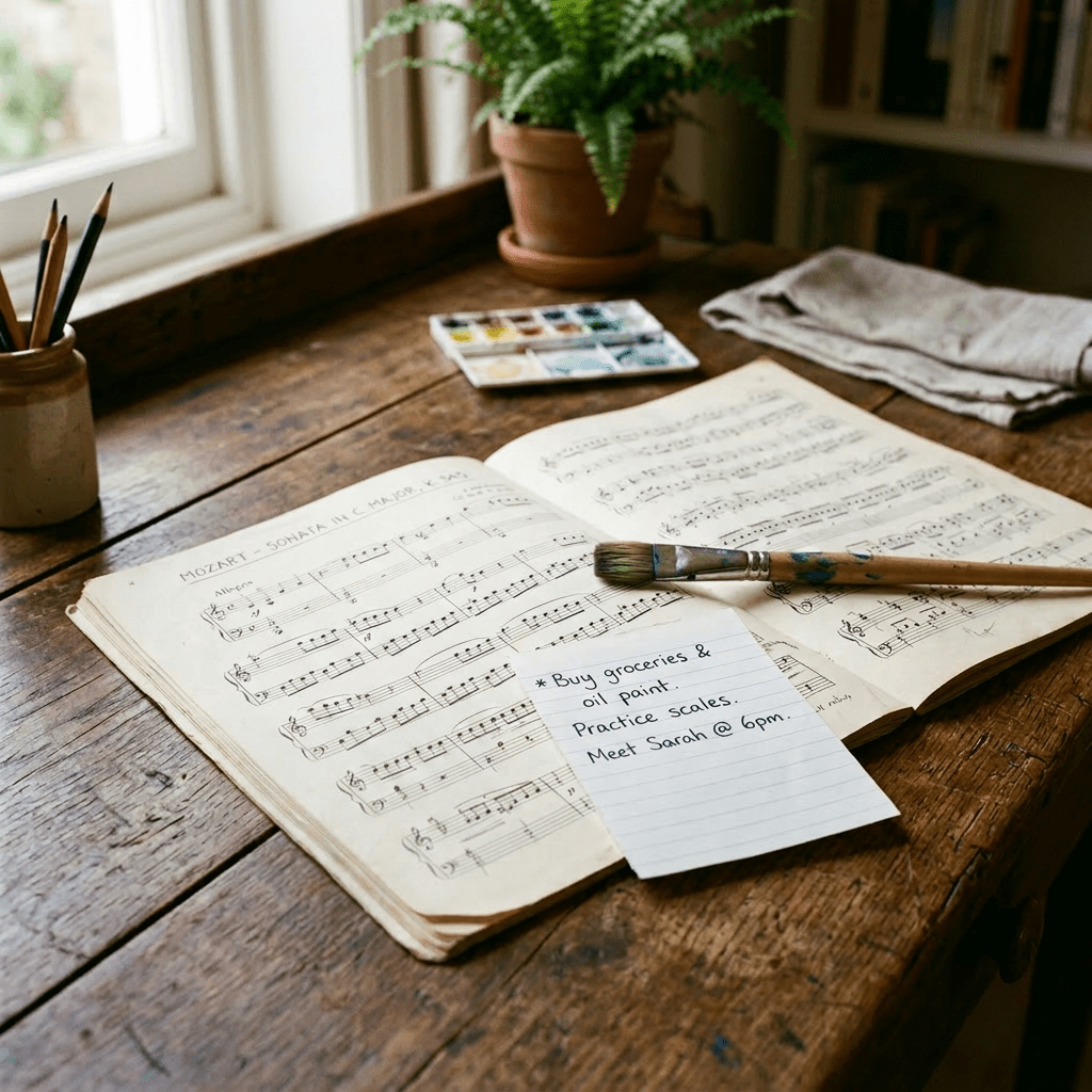 Open Mozart sheet music with paintbrush and handwritten note
