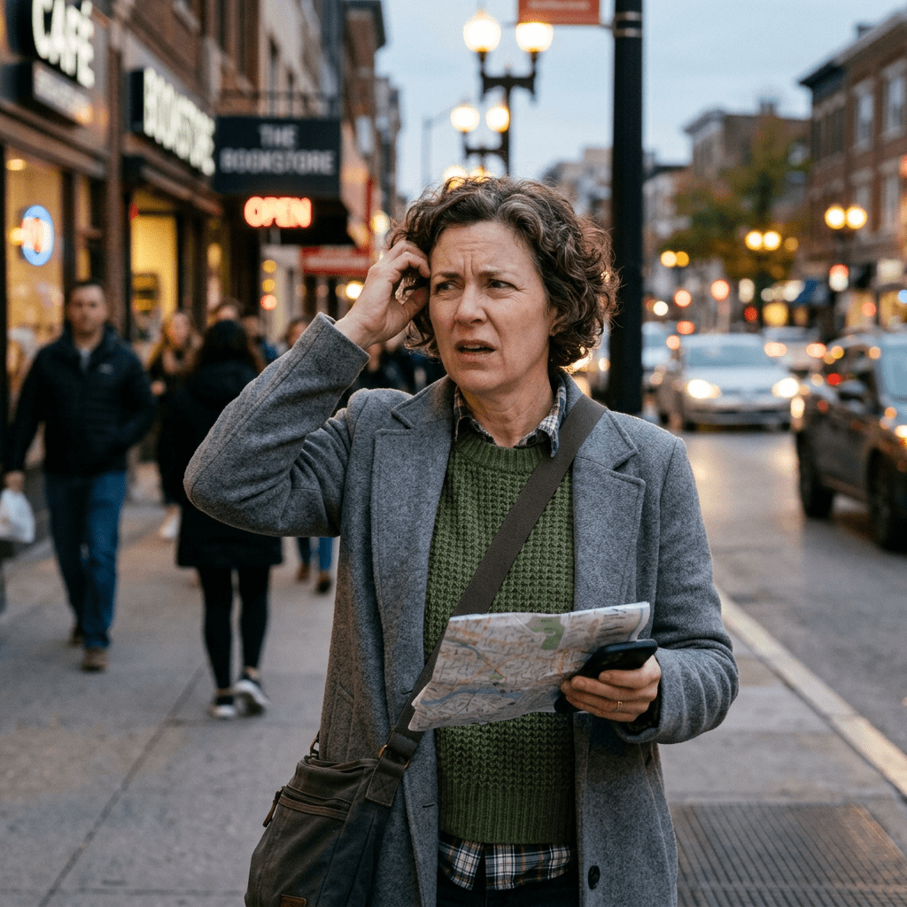 Woman holding a map and phone, appearing lost on a city street